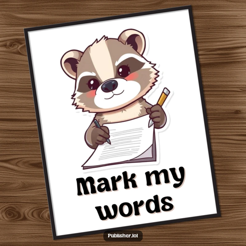 Funny badger art poster, determinedly signing a document with a flourish, adding a humorous and motivational touch to decor.