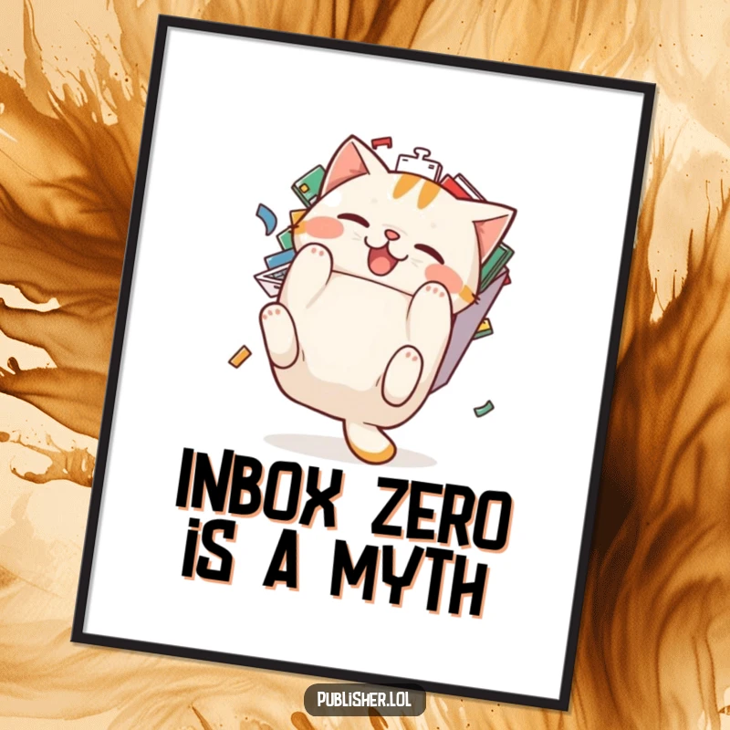 Funny cat poster: a pudgy cat character comically tumbles backward from an overflowing email inbox, depicting work-related stress.