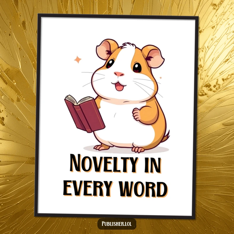 Funny poster art of a proud guinea pig presenting a novel with a flourish, perfect for adding humorous decor to a writer's space.
