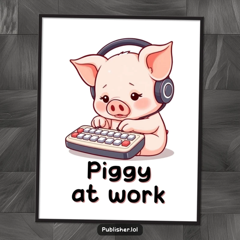 Funny piglet wearing headphones, furiously typing on a miniature keyboard with all paws, humorous wall art for tech lovers.