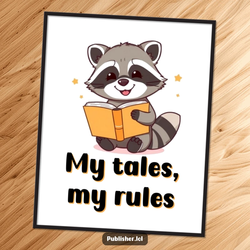 Funny poster depicting a joyful raccoon engrossed in binding a stack of storybooks, adding artistic flair and humor to any room.