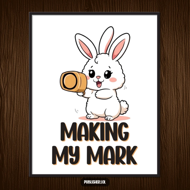Funny poster art of an enthusiastic fluffy bunny character stamping a giant rubber stamp, representing drive and accomplishment.
