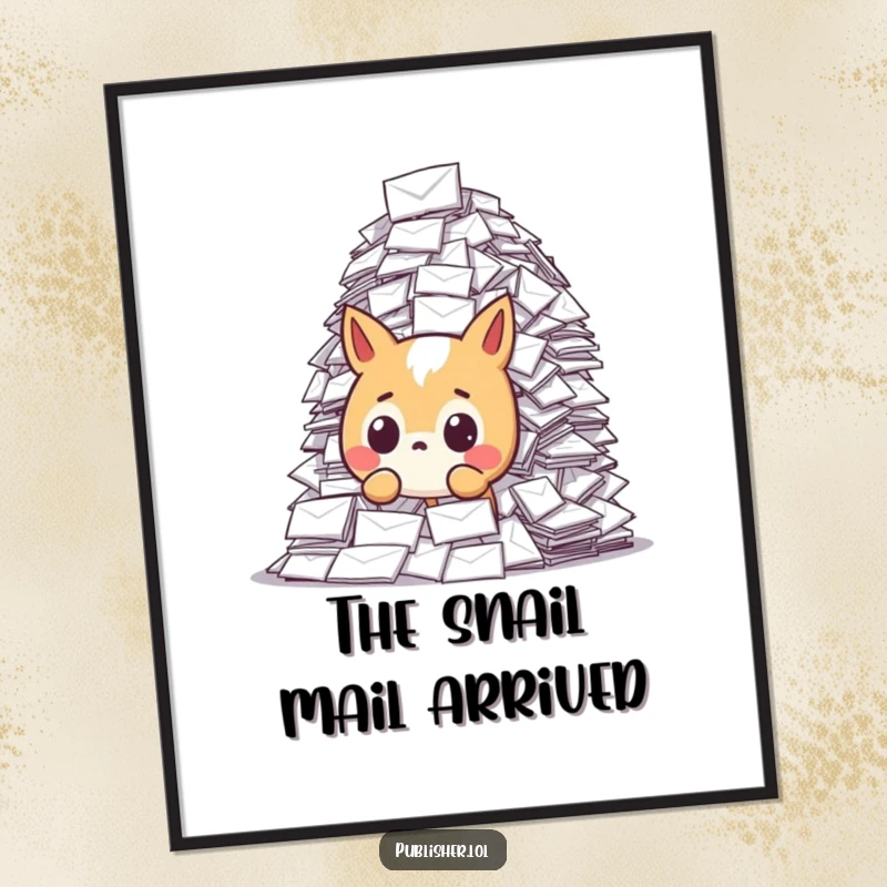 Funny poster featuring an astonished animal character facing an immense quantity of mail, a humorous depiction of postal surprise and volume.
