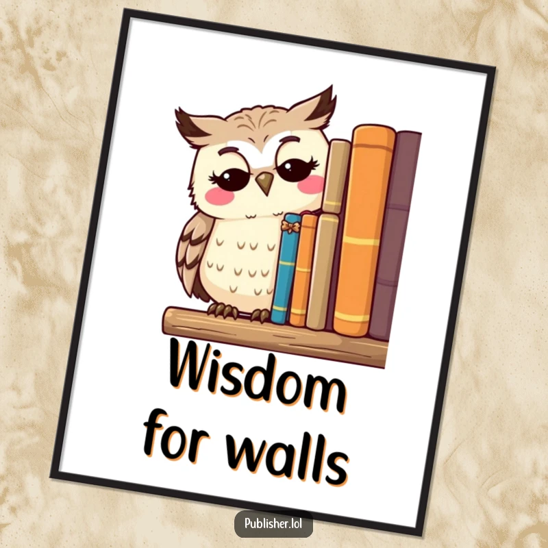Funny poster art of a thoughtful owl character surveying a shelf of published works with a serene smile, ideal wall decor for scholars.