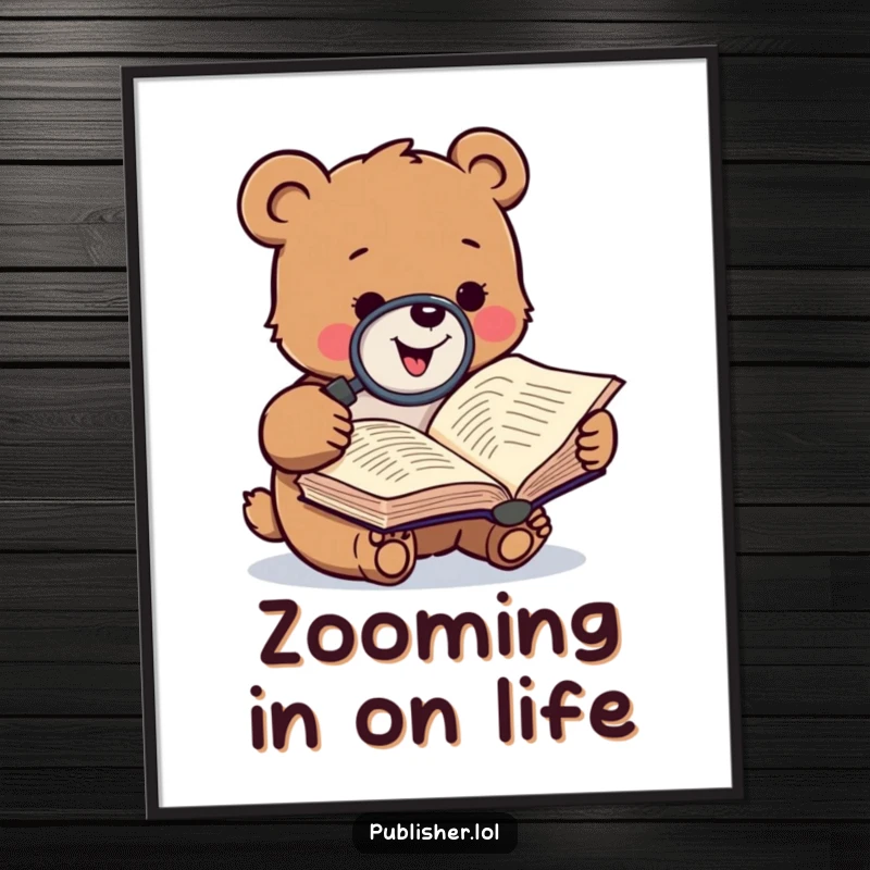 Funny poster art of a gleeful small bear character meticulously analyzing a manuscript with a magnifying glass, perfect for literary decor.