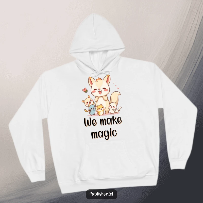 Funny hoodie with a whimsical animal character energetically collaborating with tiny creatures, perfect for cozy gatherings.