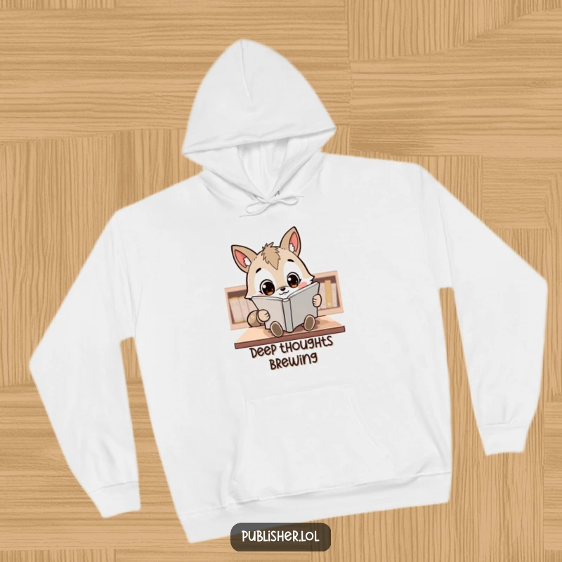 Funny Hoodie: A kawaii animal character intently reviews a manuscript with wide, curious eyes, symbolizing focus.