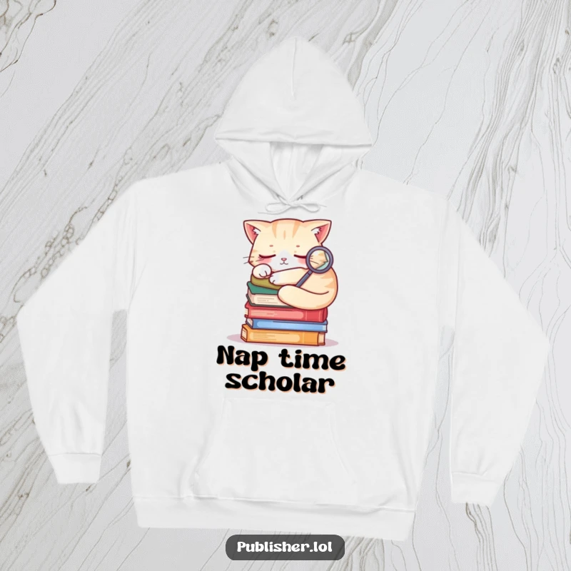 Funny sleepy cat curled on books, investigating with a magnifying glass, hooded sweatshirt for cozy mystery fans.