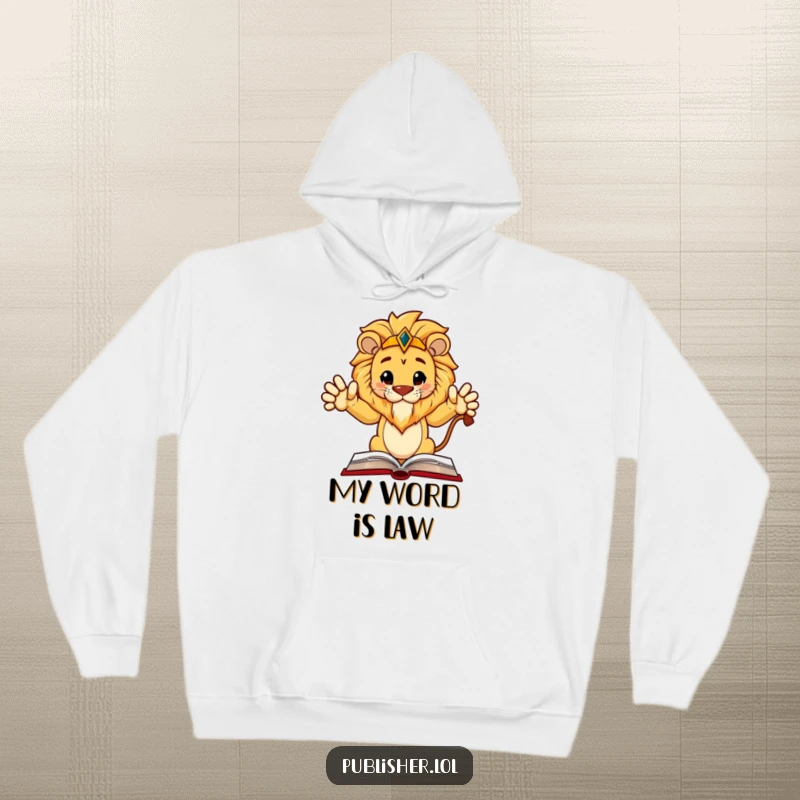 Funny Hoodie: Regal lion character gestures confidently at a book layout, perfect for commanding warmth and humor.
