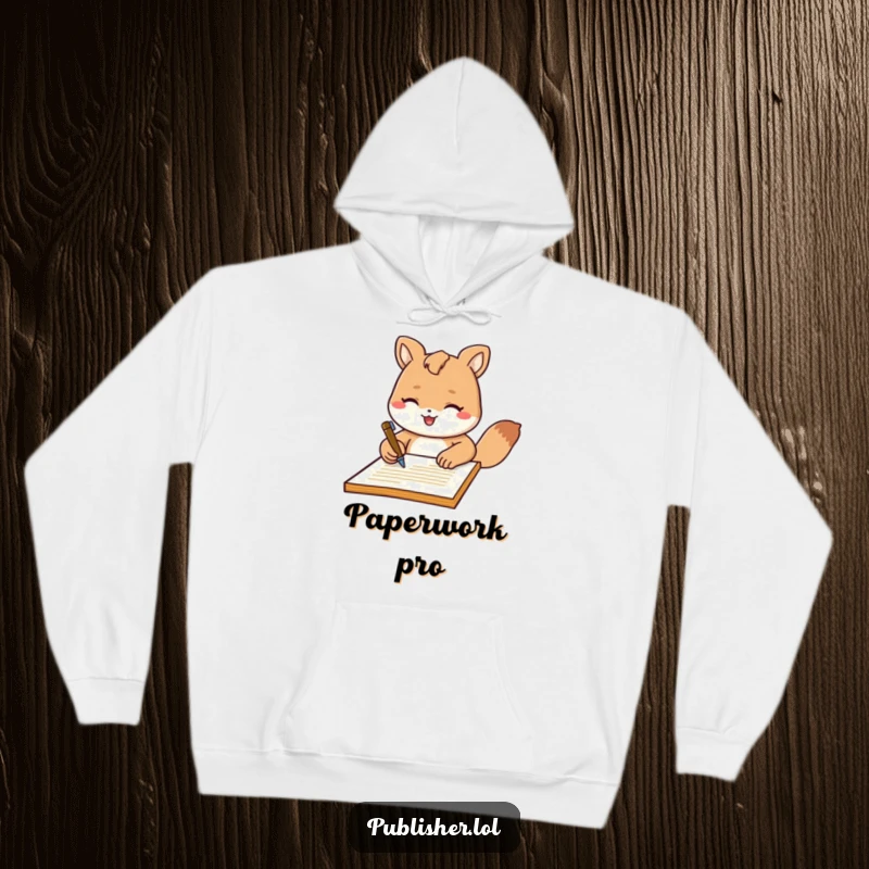 Funny Hoodie: Soft fleece featuring a friendly animal character signing a document with a stylish flourish, perfect for staying warm during important tasks.