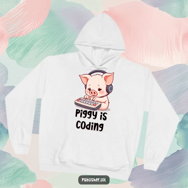 Funny piglet wearing headphones, intensely typing on a tiny keyboard with many paws, hooded sweatshirt design for gamer comfort.