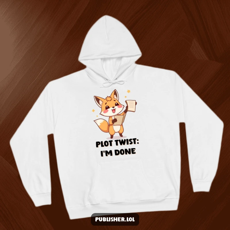 Funny fox hoodie, gleefully tossing a manuscript into the air with amusement, celebrating the joy of writing and reading.