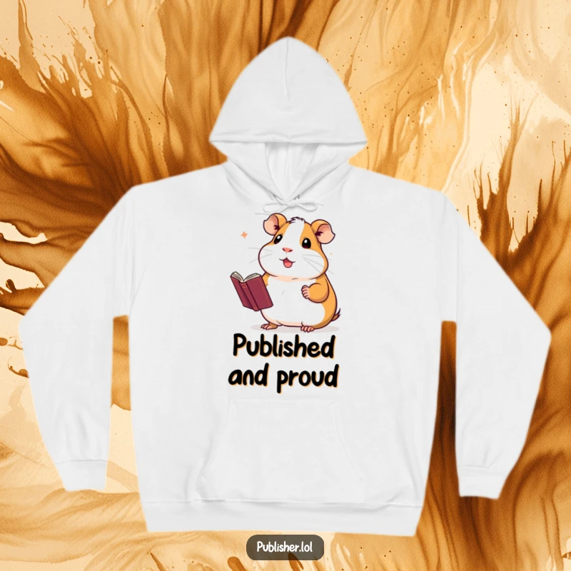Funny and cozy hoodie featuring a proud guinea pig presenting a novel with a flourish, ideal for authors and book lovers.