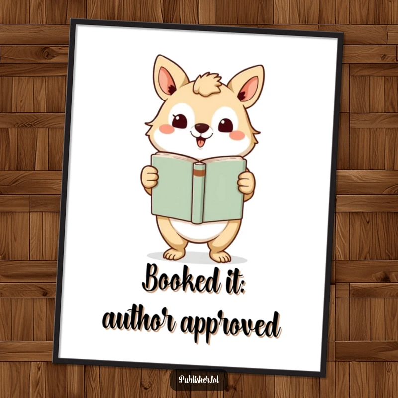 Funny Free Printable Wall Art: An animal character proudly presents a finished book with an enthusiastic, grand gesture.