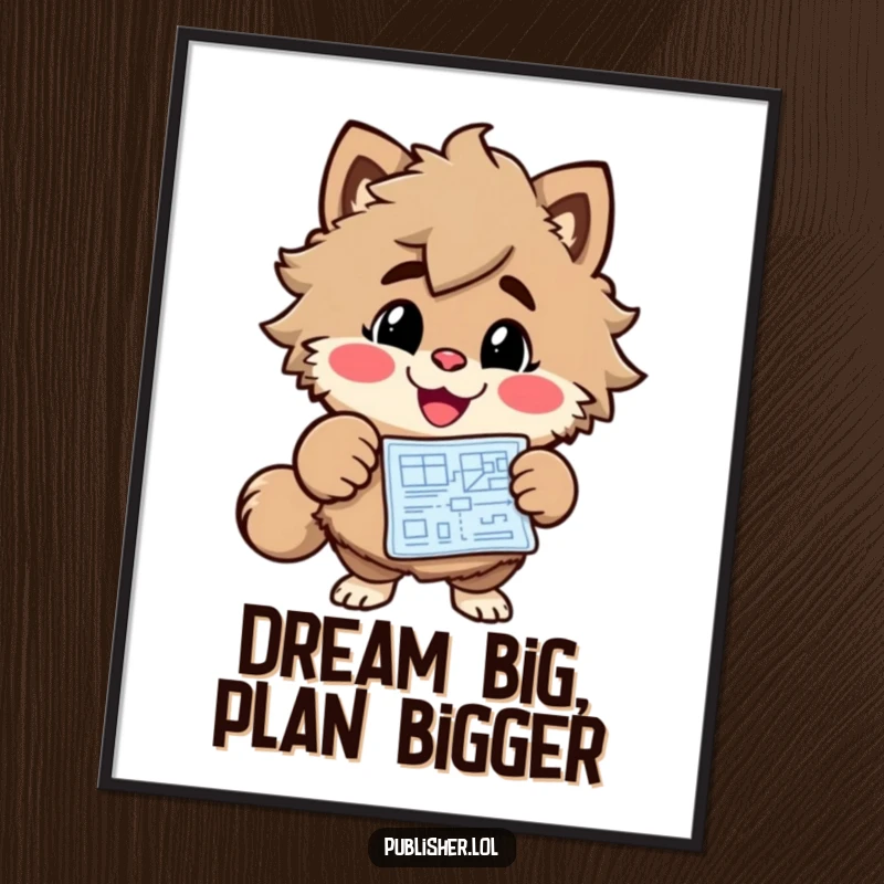 Funny Free Printable Wall Art: A cheerful furry character grinning and pointing at a blueprint. Humorous and motivational downloadable decor.