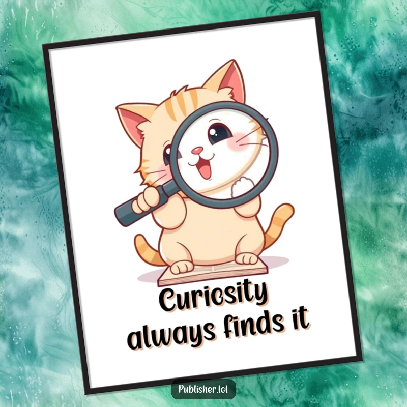 Funny Free Printable Wall Art of a cute cat holding a giant magnifying glass, intensely examining a document, perfect for framing.