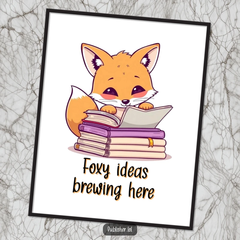 Funny free printable wall art of a curious fox peering over a pile of manuscripts, one paw raised in deep thought.