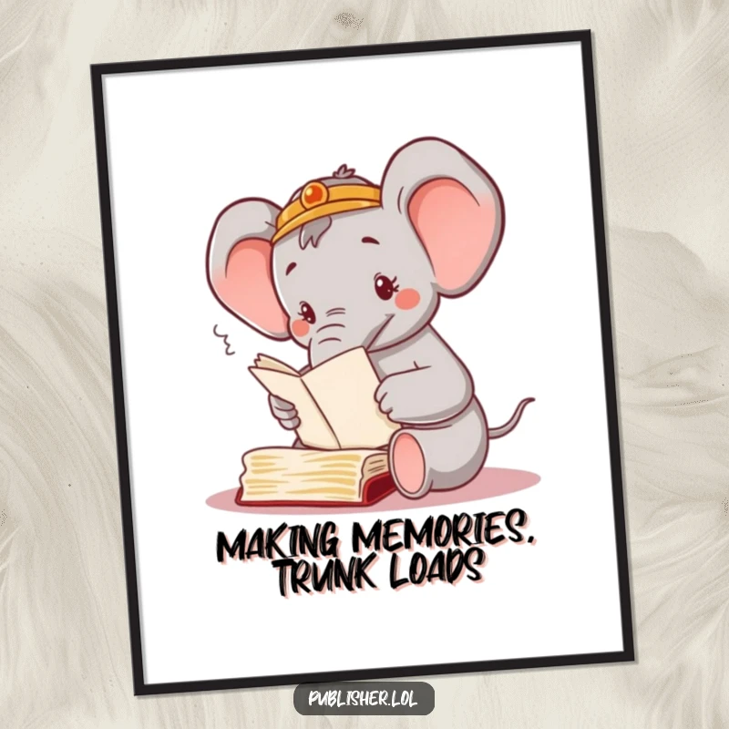 Funny Free Printable Wall Art: Busy elephant character joyfully sorting through manuscripts with its trunk, a happy sigh.