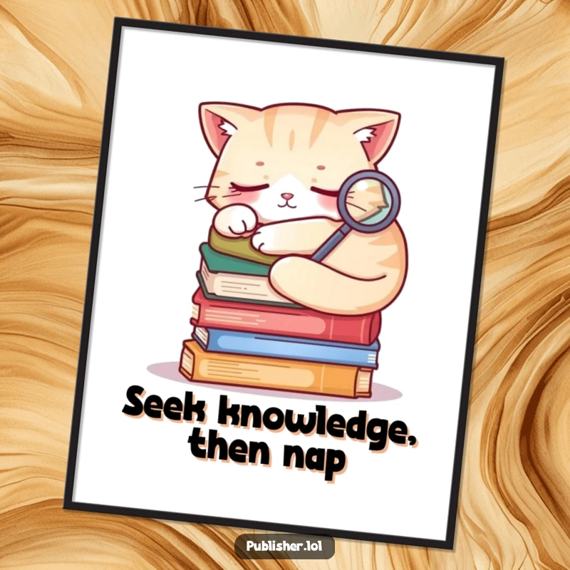 Funny free printable wall art of a sleepy cat curled on a stack of books, holding a tiny magnifying glass.