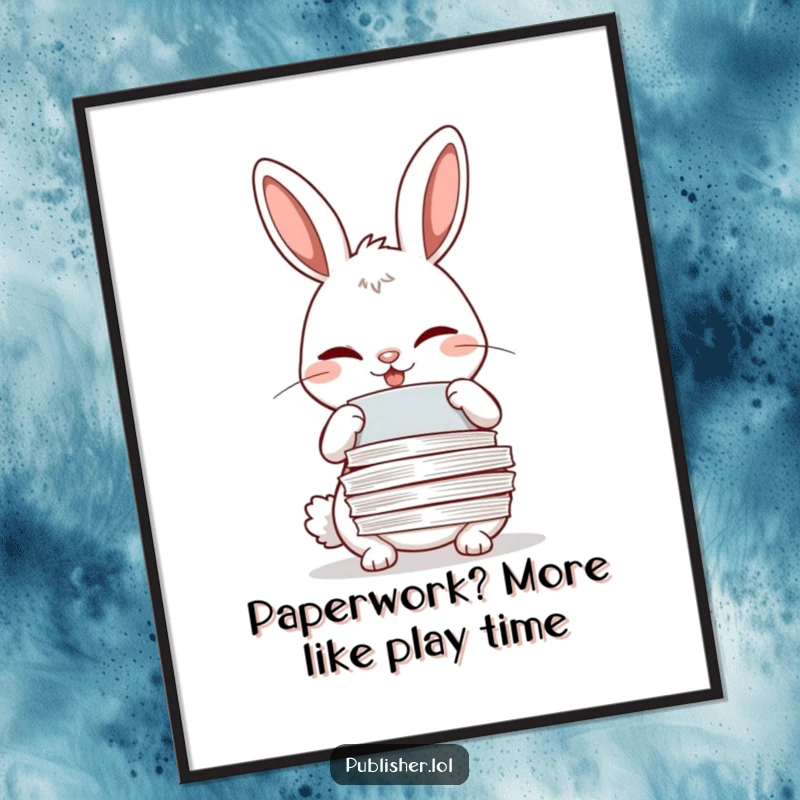 Funny Free Printable Wall Art: A winking rabbit meticulously adjusts a stack of papers with a cunning grin. Quirky downloadable cartoon.
