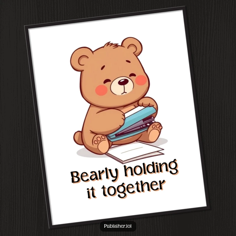 Funny Free Printable Bear Office Wall Art: Clumsy bear hilariously attempts to staple papers, adding humor to the workspace.