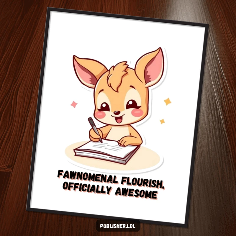Funny Free Printable Wall Art: A joyful fawn exuberantly signing a document with a cheerful flourish, adding whimsy.
