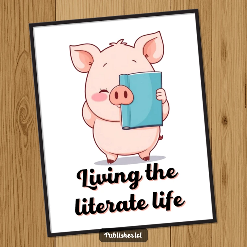 Funny Free Printable Wall Art featuring a plump pig character proudly holding up a newly printed book, ideal for bookish decor.