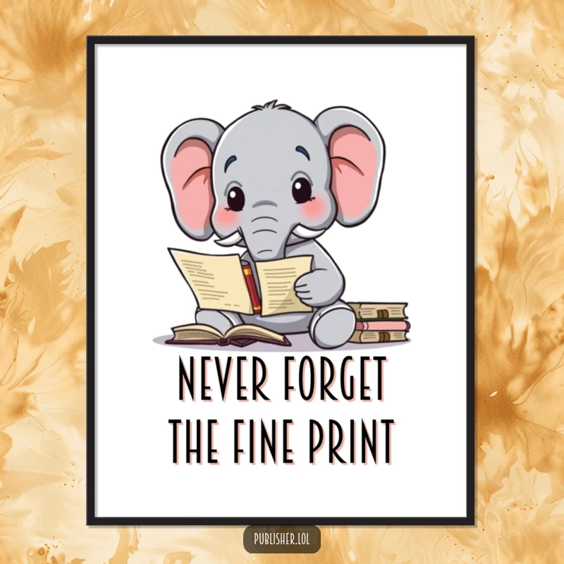 Funny Free Printable Wall Art depicting a wise elephant character deep in thought over a complex publishing contract, adding humor to any room.