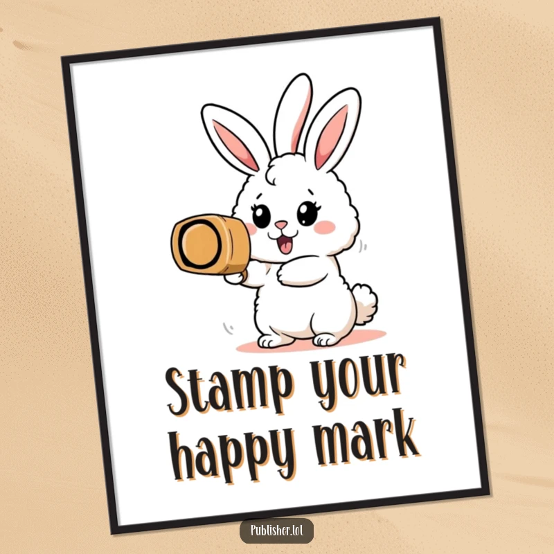 Free Printable Wall Art: A fluffy bunny character enthusiastically stamping a colossal rubber stamp, bringing playful energy to the room.