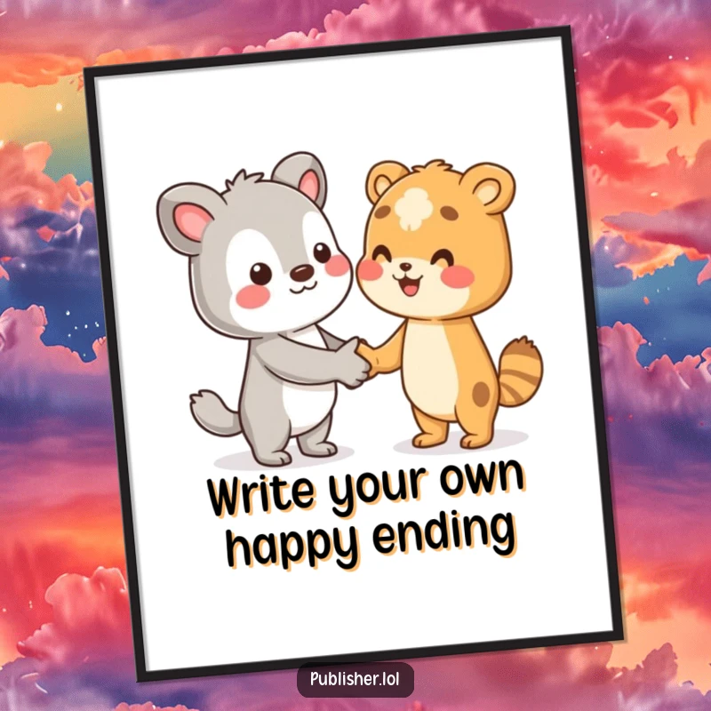 Funny Free Printable Wall Art: An animal character and an unseen author shaking hands, celebrating literary connections with humor.