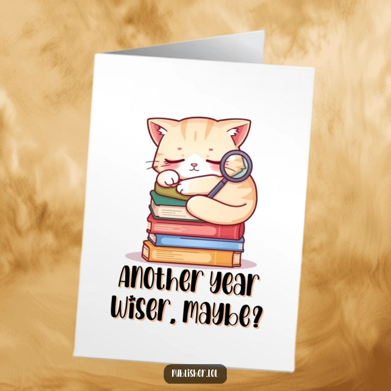 Funny free printable birthday card of a sleepy cat curled on books, holding a tiny magnifying glass, looking inquisitive.