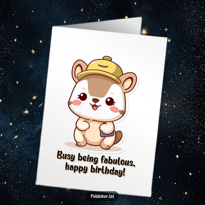 Funny Free Printable Birthday Card featuring a pleased small animal wearing a busy schedule hat, looking humorously organized and ready.