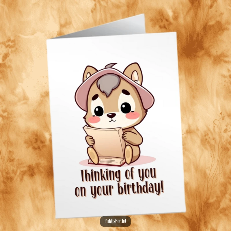 Funny Free Printable Birthday Card: A curious animal ponders a large manuscript, a birthday wish for a wise friend.
