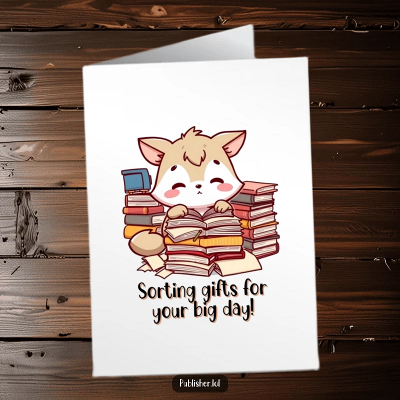Funny Free Printable Birthday Card: Animal character focused on sorting manuscripts, dedicated to the task, perfect for a funny gift.