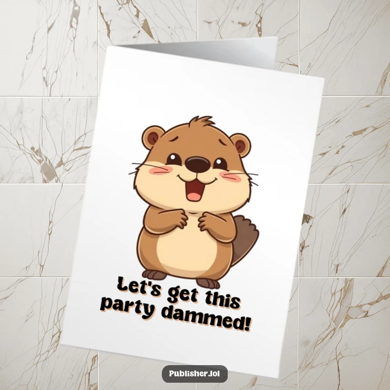 Funny Free Printable Beaver Birthday Card: Delighted beaver doing a handshake, celebrating a successful year with joy.