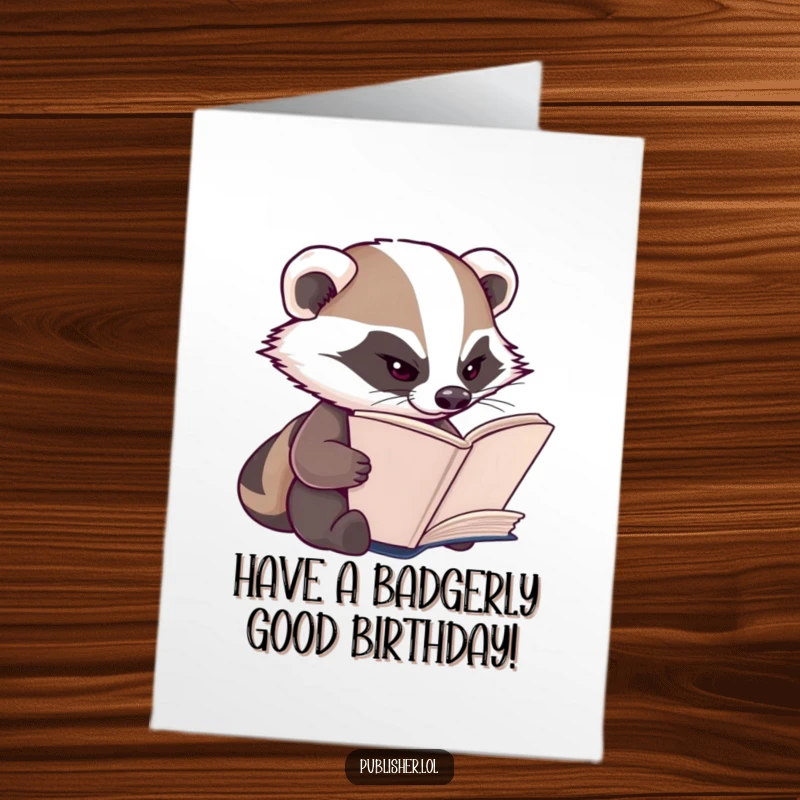 Funny Free Printable Birthday Card: Diligent badger squints intensely while inspecting book pages with humor.