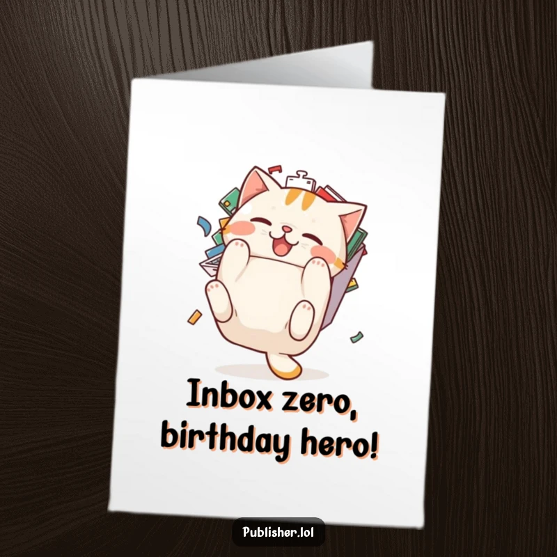 Funny Free Printable Birthday Card: Chubby cat character hilariously falling backward from a massive overflowing email inbox.