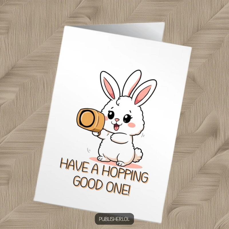 Free Printable Birthday Card: Fluffy bunny character joyfully stamping a huge rubber stamp, celebrating a birthday with excitement.
