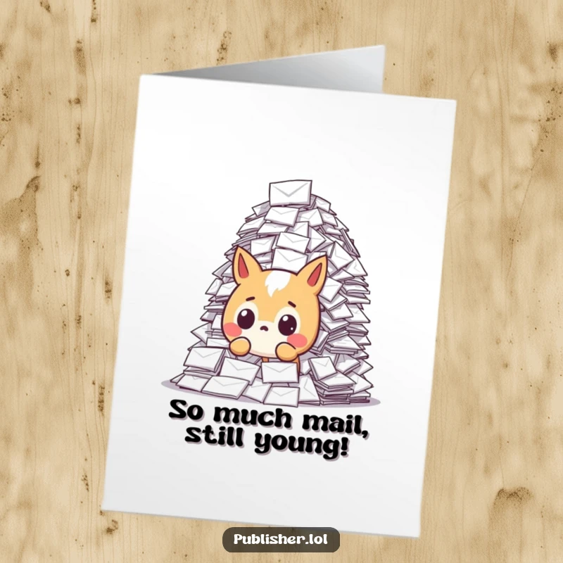 Funny Free Printable Birthday Card: Surprised animal drowning in a mountain of birthday mail, cartoon style.