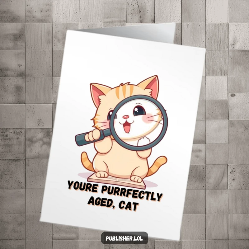 Funny Free Printable Birthday Card featuring a cute cat holding a giant magnifying glass, intently examining a document with excitement.
