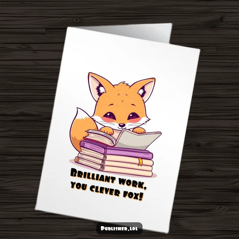 Funny free printable congratulations card featuring a curious fox peering over manuscripts, appearing deep in thought.