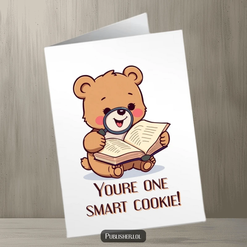 Free Printable Congratulations Card: A small bear gleefully using a magnifying glass to analyze a manuscript, celebrating success humorously.