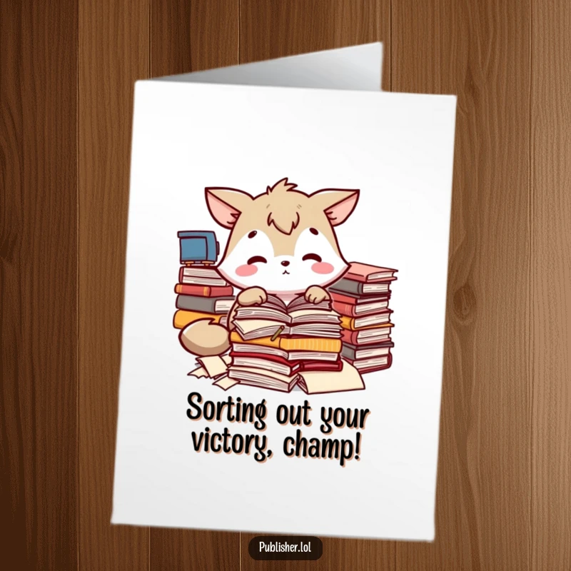 Funny Free Printable Congrats Card: Animal character diligently sorting through manuscripts, focused on success, downloadable art.