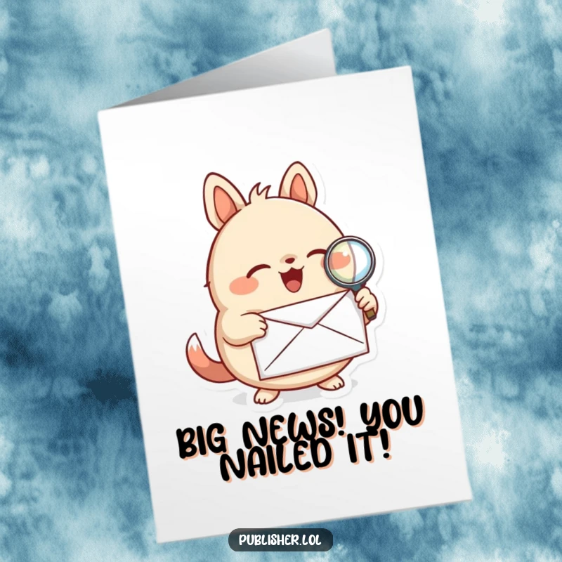 Free Printable Congratulations Card: A diligent round animal scrutinizes a letter with a magnifying glass, celebrating success.