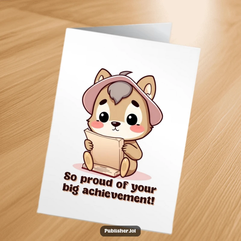 Free Printable Congratulations Card: A curious animal thoughtfully examines a large manuscript, celebrating intellectual success.