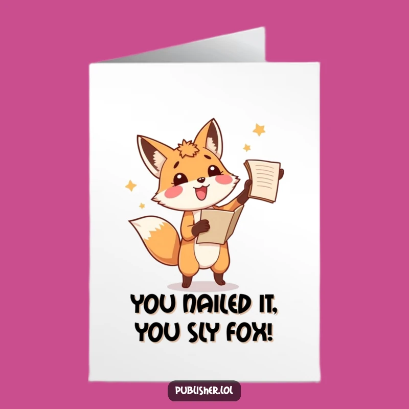 Free Printable Fox Congrats Card: Manuscript Toss Downloadable Gift for Success