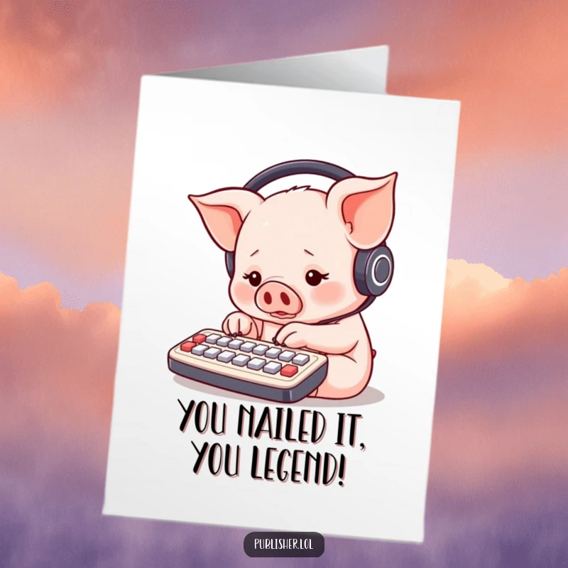Funny free printable congratulations card featuring a round piglet in headphones, intensely typing on a tiny keyboard with multiple paws.