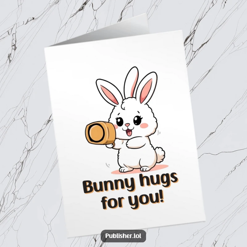 Free Printable Congratulations Card: A fluffy bunny enthusiastically stamping a massive rubber stamp, signifying a great achievement.