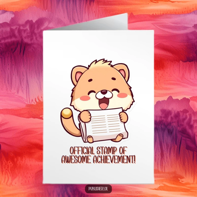 Funny Free Printable Congrats Card: Fuzzy animal joyfully stamping a large document, officially celebrating achievement, downloadable art.