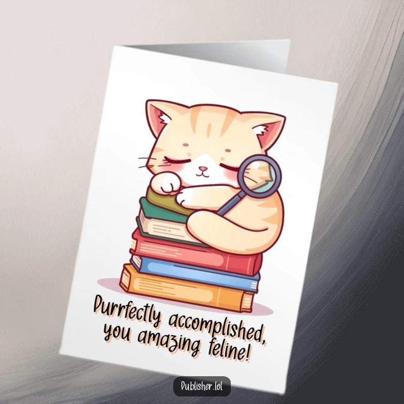 Funny free printable congratulations card showing a sleepy cat resting on books, holding a small magnifying glass.
